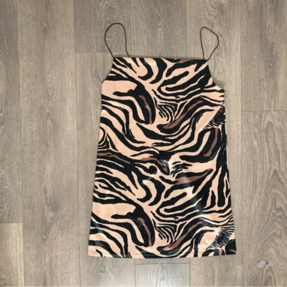Zara Tiger Animal Print Cowl Neck Satin Slip Mini Dress Size Medium Brown Tan - Picture 7 of 16